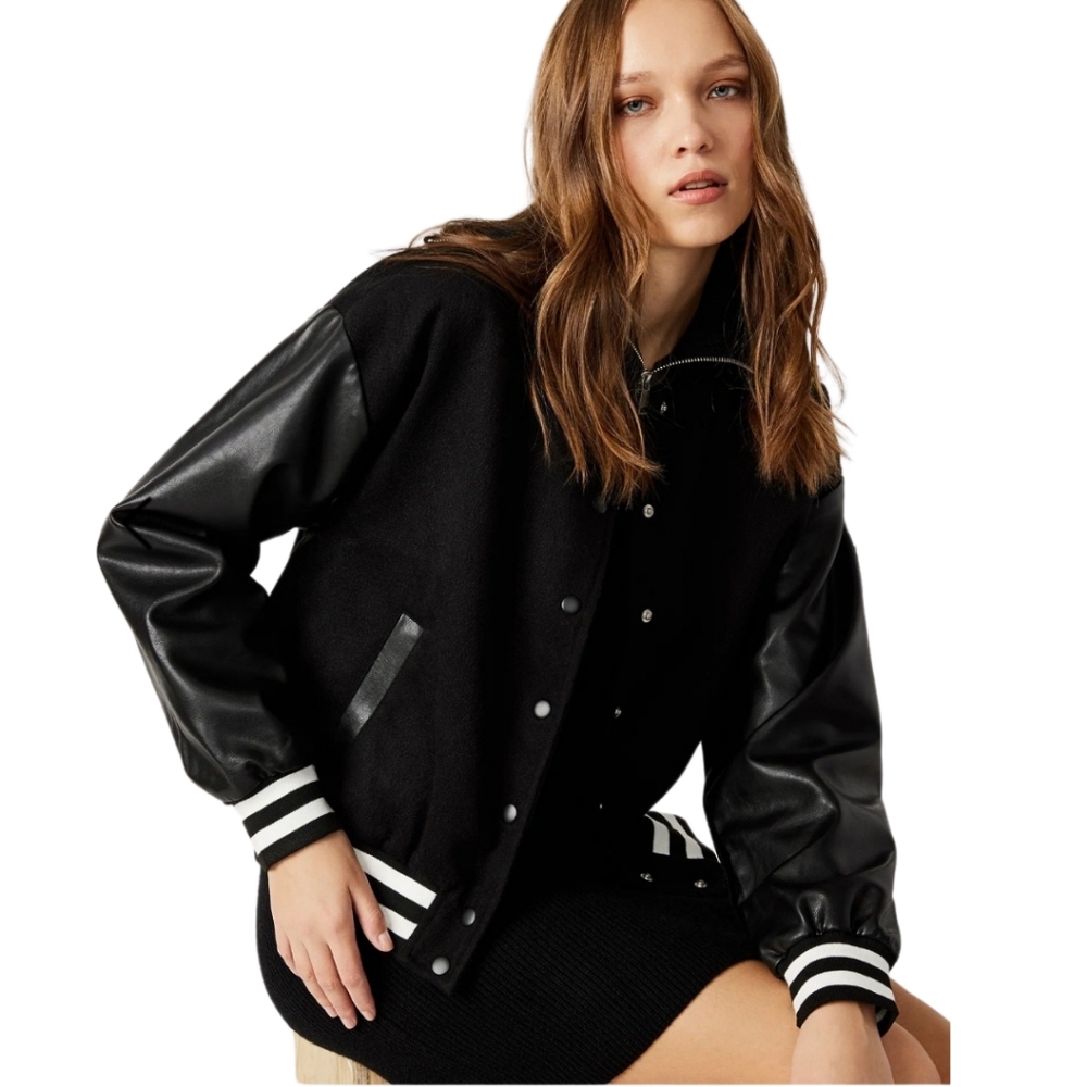 Alexandra Black And Whitr Varsity Bomber Jacket By Steve Madden